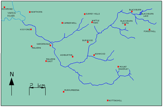 Landkarte des Gardiners Creek und seiner Nebenflüsse