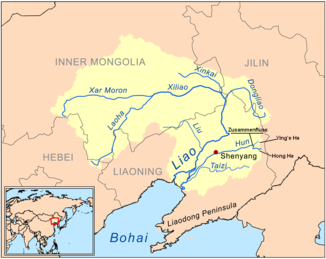 Lage des Ying'e He, Hong He der Punkt, wo sie sich zum Hun-Fluss vereinigen („Zusammenfluss“)