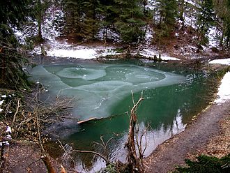 Der teils vereiste Grüne See im März 2006. Gut zu erkennen ist seine türkis-grüne Färbung.