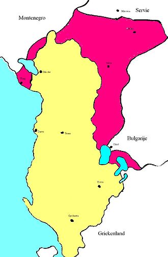 Albanien 1939 (gelb) und Großalbanien 1941 (gelb und rot)