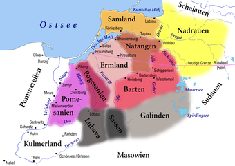 Altpreußische Landschaften im 13. Jahrhundert, links unten das Kulmer Land im Weichselknie
