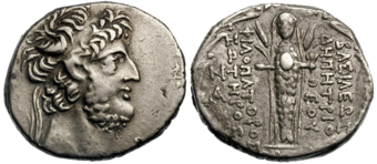 Münze des Demetrius III. Eucaerus mit Abbildung der syrischen Göttin Atargatis