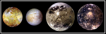 Die Galileischen Monde (v. l. n. r.: Io, Europa, Ganymed und Kallisto)