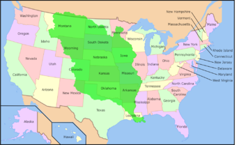 Das im Louisiana Purchase erworbene Gebiet (grün) vor dem Gebiet der heutigen Vereinigten Staaten