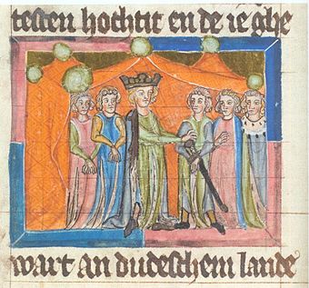 Darstellung des Mainzer Hoffestes von 1184 in der Sächsischen Weltchronik, Norddeutschland, Erstes Viertel 14. Jahrhundert