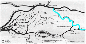 Abdämmung der Maas (hellblau=Afgedamde Maas) von der Waal 1904 aus Hochwasserschutzgründen, Schaffung der Bergschen Maas