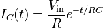 \,\!I_C(t) = \frac{V_\mathrm{in}}{R}e^{-t/RC}