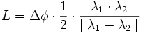 L = \Delta \phi \cdot \frac{1}{2} \cdot \frac{\lambda_{1} \cdot \lambda_{2}}{\mid \lambda_{1}- \lambda_{2} \mid}