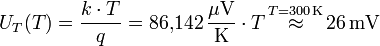 U_{T}(T) = \frac{k \cdot T}{q} = 86{,}142 \, \frac{\mathrm{\mu V}}{\mathrm{K}} \cdot T \stackrel{\, T = 300 \, \mathrm{K} \,}{\approx} 26 \, \mathrm{mV}