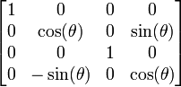  \left[ \begin{matrix} 1 &amp;amp; 0             &amp;amp; 0 &amp;amp; 0            \\
                                0 &amp;amp; \cos(\theta)  &amp;amp; 0 &amp;amp; \sin(\theta) \\
                                0 &amp;amp; 0             &amp;amp; 1 &amp;amp; 0            \\
                                0 &amp;amp; -\sin(\theta) &amp;amp; 0 &amp;amp; \cos(\theta) \end{matrix} \right] 
