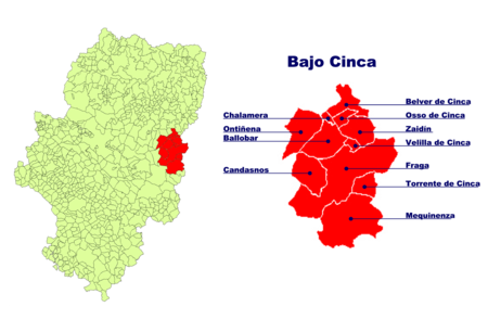 Lage von Bajo Cinca/Baix Cinca in Aragonien und Lage der einzelnen Gemeinden