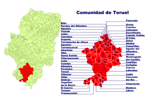Lage der Comunidad de Teruel in Aragonien und Lage der einzelnen Gemeinden