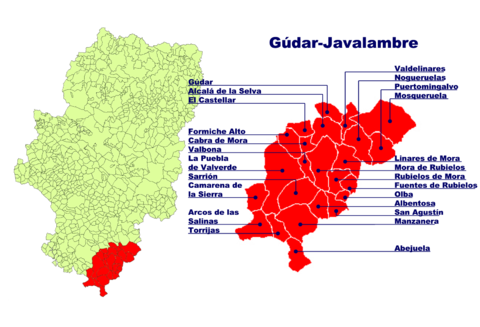Lage von Gúdar-Javalambre in Aragonien und Lage der einzelnen Gemeinden