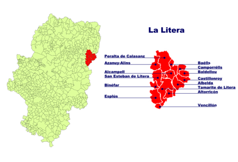 Lage der Comarca in Aragonien und Lage der einzelnen Gemeinden