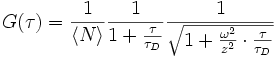  G(\tau)=\frac{1}{\langle N\rangle} \frac{1}{1+\frac{\tau}{\tau_D}} \frac{1}{\sqrt{1+\frac{\omega^2}{z^2}\cdot\frac{\tau}{\tau_D}}} 