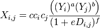 X_{i,j}= c c_i c_j \frac { \left( (Y_i)^a (Y_j)^b \right)} {(1+eD_{i,j} )^f}