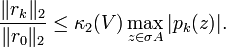 \frac{\|r_k\|_2}{\|r_0\|_2} \leq \kappa_2(V) \max_{z \in \sigma{A}}|p_k(z)|.
