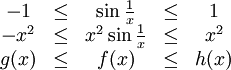 \begin{matrix} -1 &amp;amp;amp;\leq&amp;amp;amp; \sin\frac{1}{x} &amp;amp;amp;\leq&amp;amp;amp; 1 \\ -x^2 &amp;amp;amp;\leq&amp;amp;amp; x^2\sin\frac{1}{x} &amp;amp;amp;\leq&amp;amp;amp; x^2 \\ g(x) &amp;amp;amp;\leq&amp;amp;amp; f(x) &amp;amp;amp;\leq&amp;amp;amp; h(x) \end{matrix}