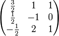 
\begin{pmatrix}
\frac{3}{2} &amp;amp; 1 &amp;amp; 1 \\
\frac{1}{2} &amp;amp; -1 &amp;amp; 0 \\
-\frac{1}{2} &amp;amp; 2 &amp;amp; 1
\end{pmatrix}
