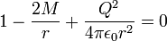 1-\frac{2M}{r}+\frac{Q^{2}}{4\pi\epsilon_{0} r^2} = 0