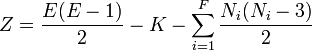 Z = \frac{E (E-1)}{2} - K - \sum_{i=1}^F  \frac{N_i(N_i-3)}{2}