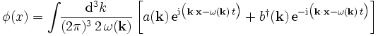  \phi(x) = \int\!\! \frac{\mathrm{d}^3 k}{(2\pi)^3\,2\, \omega(\mathbf{k})} \left[ 
a(\mathbf{k})\,\mathrm e^{\mathrm i \bigl( \mathbf k\cdot \mathbf x - \omega(\mathbf k)\,t\bigr)}+
b^\dagger (\mathbf{k})\,\mathrm e^{-\mathrm i \bigl( \mathbf k\cdot \mathbf x -\omega(\mathbf k)\,t\bigr)}\right]