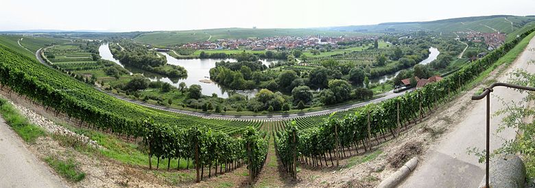 Panoramaansicht von Nordheim am Main. Die Blickrichtung unterhalb von Kloster Vogelsburg auf Nordheim am Main.