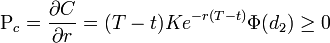 \Rho_c = \frac{\partial C}{\partial r} = (T - t)Ke^{-r(T - t)}\Phi(d_2)\ge0