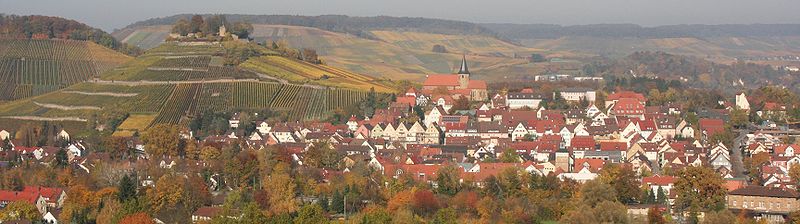 Weinsberg von Süden. Links der Burgberg, rechts davon die Johanneskirche