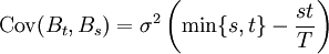  \operatorname{Cov}(B_t,B_s) = \sigma^2 \left( \min \{s,t\}-\frac{st}{T} \right) 