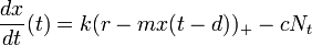  \frac{dx}{dt} (t) = k( r -mx( t- d)) _+  - cN_t 