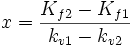 x = \frac{K_{f2} - K_{f1}}{k_{v1} - k_{v2}}
