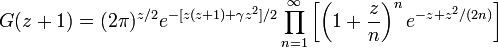 G(z+1)=(2\pi)^{z/2} e^{-[z(z+1)+\gamma z^2]/2}\prod_{n=1}^\infty \left[\left(1+\frac{z}{n}\right)^ne^{-z+z^2/(2n)}\right]