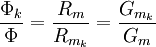 \frac{\Phi_k}{\Phi} = \frac{R_m}{R_{m_k}} = \frac{G_{m_k}}{G_m}