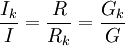 \frac{I_k}{I} = \frac{R}{R_k} = \frac{G_k}{G}