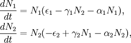  \begin{align}\frac{dN_1}{dt} &amp;amp;amp;= N_1(\epsilon_1-\gamma_1N_2-\alpha_1N_1), \\
  \frac{dN_2}{dt} &amp;amp;amp;= N_2(-\epsilon_2+\gamma_2N_1-\alpha_2N_2),\end{align} 