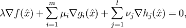 \lambda\nabla f(\hat{x}) + \sum_{i=1}^m \mu_i \nabla g_i(\hat{x}) + \sum_{j=1}^l \nu_j \nabla h_j(\hat{x}) = 0,