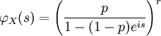 \varphi_{X}(s) = \left(\frac{p}{1-(1-p)e^{is}}\right)^{r}