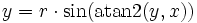 y = r\cdot\sin(\operatorname{atan2}(y,x)) 