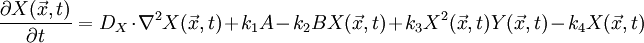 \frac{\partial X(\vec x,t)}{\partial t}=D_X\cdot\nabla^2X(\vec x,t)+k_1A - k_2BX(\vec x,t) + k_3X^2(\vec x,t)Y(\vec x,t) - k_4X(\vec x,t)