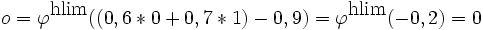 o = \varphi^{\mbox{hlim}}((0,6 * 0 + 0,7 * 1) - 0,9) = \varphi^{\mbox{hlim}}(-0,2) = 0