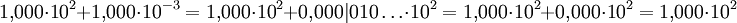 1{,}000\cdot 10^2 + 1{,}000\cdot 10^{-3} = 1{,}000\cdot 10^2 + 0{,}000|010\ldots \cdot 10^{2} = 1{,}000\cdot 10^2 + 0{,}000\cdot 10^{2} = 1{,}000\cdot 10^2