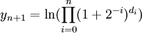 y_{n+1}=\ln(\prod_{i=0}^n (1+2^{-i})^{d_i})