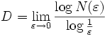 D=\lim_{\varepsilon \to 0}\frac{\log N(\varepsilon)}{\log {\frac 1 \varepsilon}} 