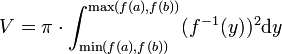 V = \pi \cdot \int_{\min(f(a),f(b))}^{\max(f(a),f(b))} (f^{-1}(y))^2 \mathrm{d}y