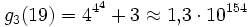 g_3(19) = 4^{4^4} + 3 \approx 1{,}3 \cdot 10^{154}