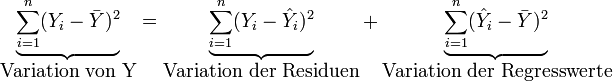 \underbrace{\sum_{i=1}^n (Y_i - \bar{Y})^2}_{\mbox{Variation von Y}} = \underbrace{\sum_{i=1}^n (Y_i - \hat{Y}_i)^2}_{\mbox{Variation der Residuen}}+\underbrace{\sum_{i=1}^n (\hat{Y}_i- \bar{Y})^2}_{\mbox{Variation der Regresswerte}}