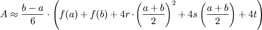 A \approx \frac{b-a}{6} \cdot \left( f(a)+ f(b)+4r\cdot \! \left( \frac{a+b}{2} \right)^2+4s \left(\frac{a+b}{2} \right)+4t\right)