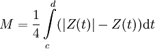 M = \frac{1}{4}\int\limits_c^d(|Z(t)| - Z(t))\mathrm dt