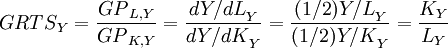{GRTS}_Y= \frac {{GP}_{L,Y}} {{GP}_{K,Y}}= \frac {{dY/dL}_Y} {{dY/dK}_Y}= \frac {{(1/2)Y/L}_Y} {{(1/2)Y/K}_Y} = \frac {K_Y} {L_Y} 